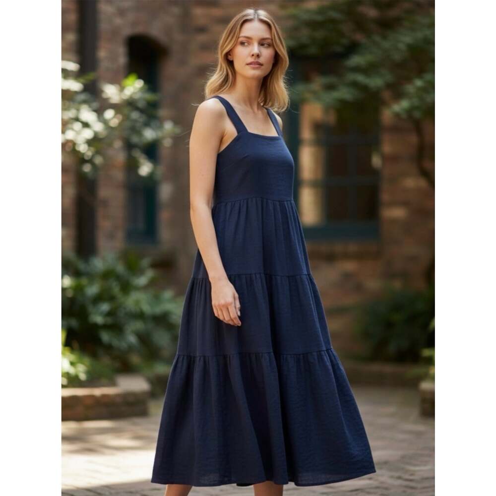 Joie Tiered Midi Dress Women’s S Navy Blue Cotton Square Neck Sleeveless